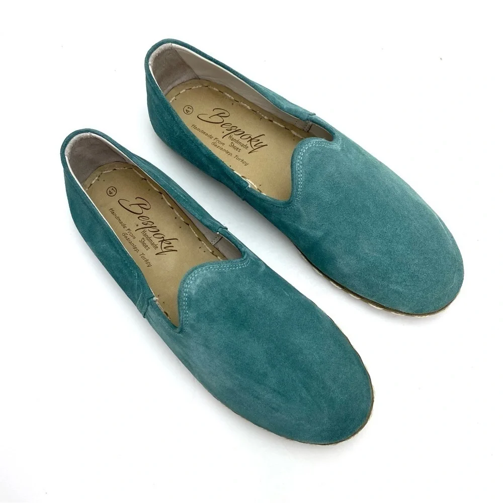 THE Bespoky Suede Handmade Flat Slip On Loafer In Aqua green Size 41